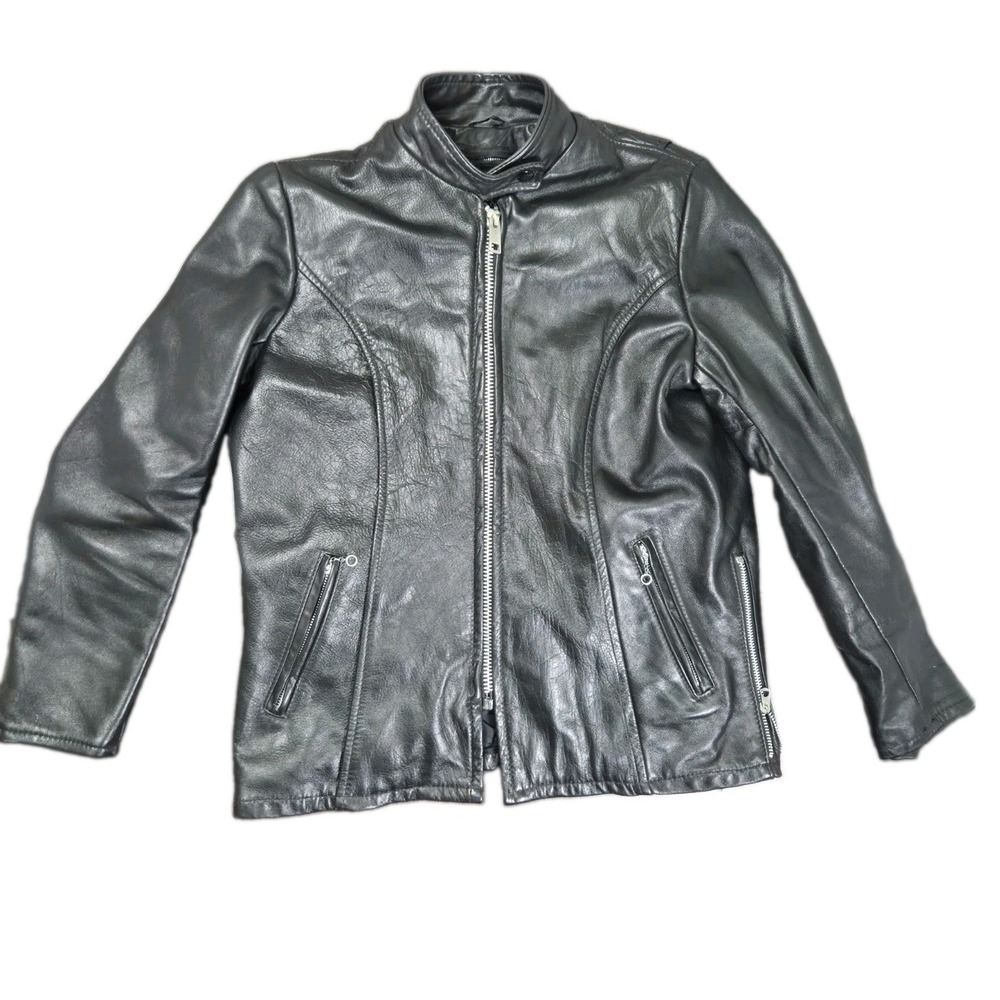 Vintage Lesco Leathers Black Cafe Racer Motorcycle Jacket & Liner Womens M USA